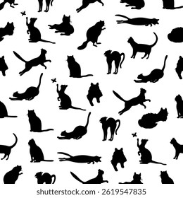 Seamless pattern of black silhouettes of cats in various poses on a white background.Vector pattern of pets for textiles, backgrounds, and packaging of cat products.