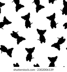 Seamless pattern of black silhouettes of a chihuahua dog on a white background