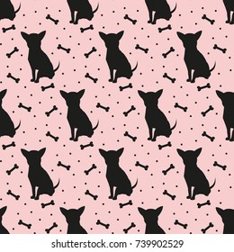 Seamless pattern with black silhouettes of chihuahua. Vector illustration.