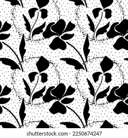 seamless pattern, pattern of black silhouettes of colors and dots Monochrome background
