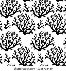 Seamless pattern with black silhouettes corals on white background