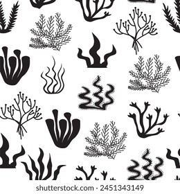  Seamless pattern with black silhouettes corals and seaweeds on white background