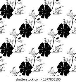 Seamless pattern of black silhouettes cosmos flowers in the white background. Vector hand drawn illustration.