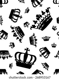 Seamless Pattern With Black Silhouettes Of Crown On White, Vector Illustration