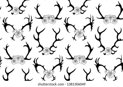 Seamless pattern with black  silhouettes of deer and elk horns with flowers on white background. Vector texture for scrapbooking, wallpaper, textile and your design