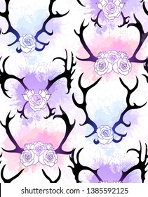 Seamless pattern with  black silhouettes of deer and elk horns with flowers and gently watercolor splashes on white background. Vector texture for scrapbooking, wallpaper, textile and your design