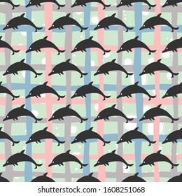 Seamless pattern with black silhouettes of dolphins. Vector Illustration