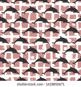 Seamless pattern with black silhouettes of dolphins. Vector Illustration
