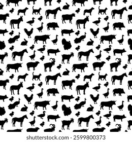Seamless pattern with black silhouettes of farm animals. Background for textiles, prints. Cow, goat, pig, bull, dog, cat and other animals on a white background