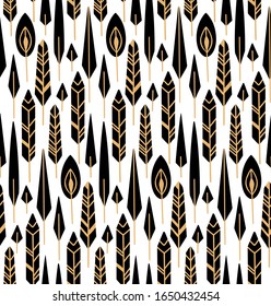 Seamless pattern with black silhouettes of feathers in a row and gold tribal pattern on a white background. Magical wild backdrop. Gypsy vector texture for fabrics, wallpapers and your creativity.