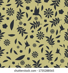 Seamless pattern black silhouettes of flowers, leaves and birds oriental style