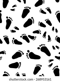 Seamless pattern with black silhouettes of footprints of baby, vector
