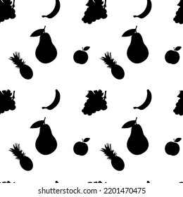 Patrón sin foco con siluetas negras de frutas sobre fondo blanco.Arte vectorial