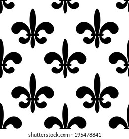 Seamless pattern with black silhouettes gothic royal lily flowers on a white background. Fleur-de-lys. Monochrome. Endless print texture - vector