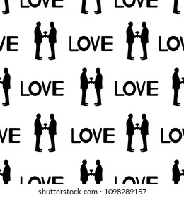 Seamless pattern with black silhouettes of grooms and words Love. Same-sex marriage. Vector illustration