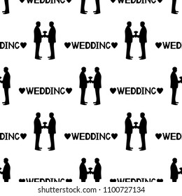 Seamless pattern with black silhouettes of the grooms, hearts and words Wedding. Same-sex marriage. Vector illustration