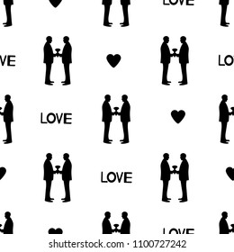 Seamless pattern with black silhouettes of the grooms, hearts and words Love. Same-sex marriage. Vector illustration