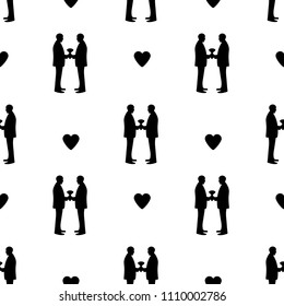 Seamless pattern with black silhouettes of grooms and hearts. Same-sex marriage. Vector illustration