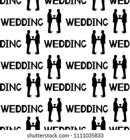 Seamless pattern with black silhouettes of the grooms and words wedding. Same-sex marriage. Vector illustration