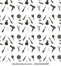 Seamless pattern of black silhouettes from the hairdresser's set. Comb, mirror, scissors, hair clip, spray.