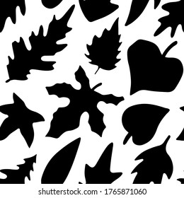 Seamless pattern with black silhouettes leaves on white background. Fabric design, wallpaper