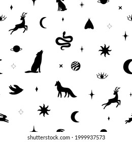 Seamless pattern with black silhouettes of moon, sun, planets, stars, wolf, fox, deer, hare, moth, bird, snake, eyes. Vector illustration.