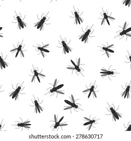 seamless pattern black silhouettes of mosquitoes on white background. Vector