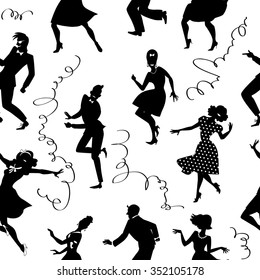 Seamless pattern with black silhouettes of people dancing in retro style, no white objects, EPS 8