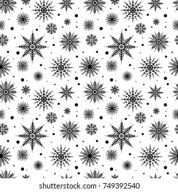 Seamless pattern black silhouettes snowflakes set isolated on white background, for winter invitations card- vector illustration