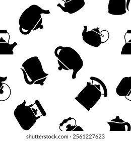 Seamless pattern with black silhouettes of teapots on a white background. Print for kitchen fabric or packaging.