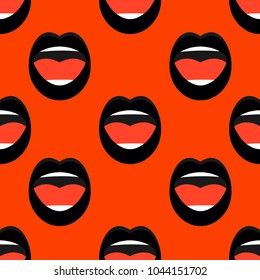 Seamless Pattern With Black Singing Mouths Of Girl. Cosmetic Background In Pop Art Style, Glamour. Vector Illustration