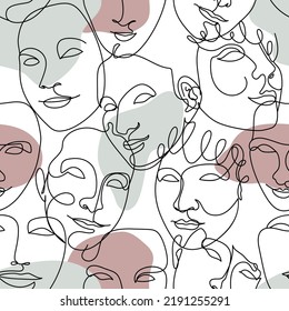 Seamless pattern with black single line drawings of female face and abstract shapes. On white background