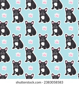 Seamless pattern of black sitting French bulldog babies on a blue background with paw prints	
