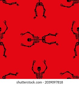 Seamless pattern with black skeletons dancing and having fun on a red background.