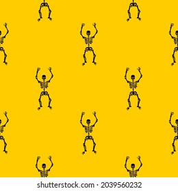 Seamless pattern with black skeletons, dancing and having fun on a yellow background.