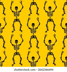 Seamless pattern with black skeletons, dancing and having fun on a yellow background.