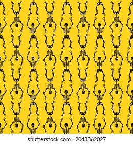 Seamless pattern with black skeletons, dancing and having fun on a yellow background.