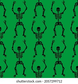 Seamless pattern with black skeletons dancing and having fun on a green background.