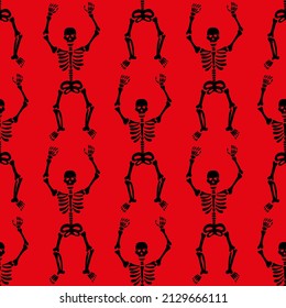 Seamless pattern with black skeletons dancing and having fun on a red background.