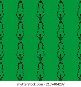 Seamless pattern with black skeletons dancing and having fun on a green background.