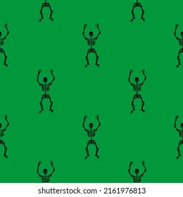 Seamless pattern with black skeletons dancing and having fun on a green background.