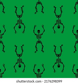 Seamless pattern with black skeletons dancing and having fun on a green background.
