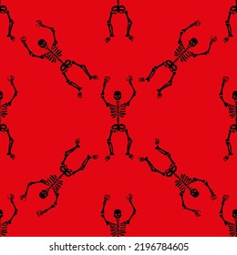 Seamless pattern with black skeletons dancing and having fun on a red background.