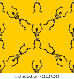 Seamless pattern with black skeletons, dancing and having fun on a yellow background.