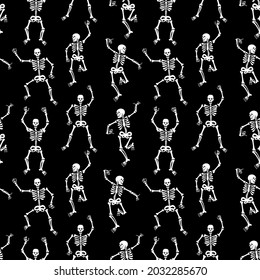 Seamless pattern with black skeletons, vigorously dancing and having fun on a black background. Pattern for Halloween and Day of the Dead