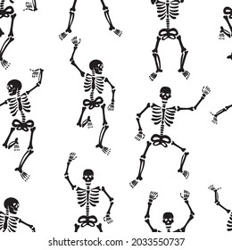 Seamless pattern with black skeletons, vigorously dancing and having fun on a white background. Halloween pattern 