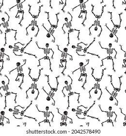 Seamless pattern with black skeletons, vigorously dancing and having fun on a white background. Pattern for Halloween and Day of the Dead