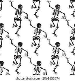 Seamless pattern with black skeletons, vigorously dancing and having fun on a white background.