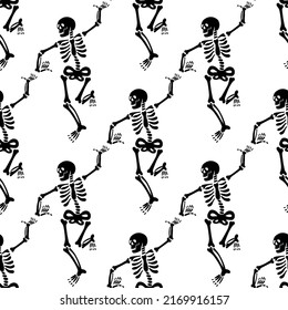 Seamless pattern with black skeletons, vigorously dancing and having fun on a white background. Pattern for Halloween and Day of the Dead