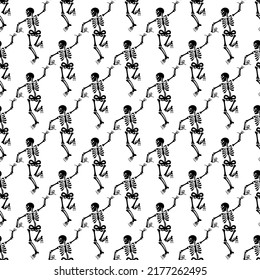 Seamless pattern with black skeletons, vigorously dancing and having fun on a white background. Pattern for Halloween and Day of the Dead